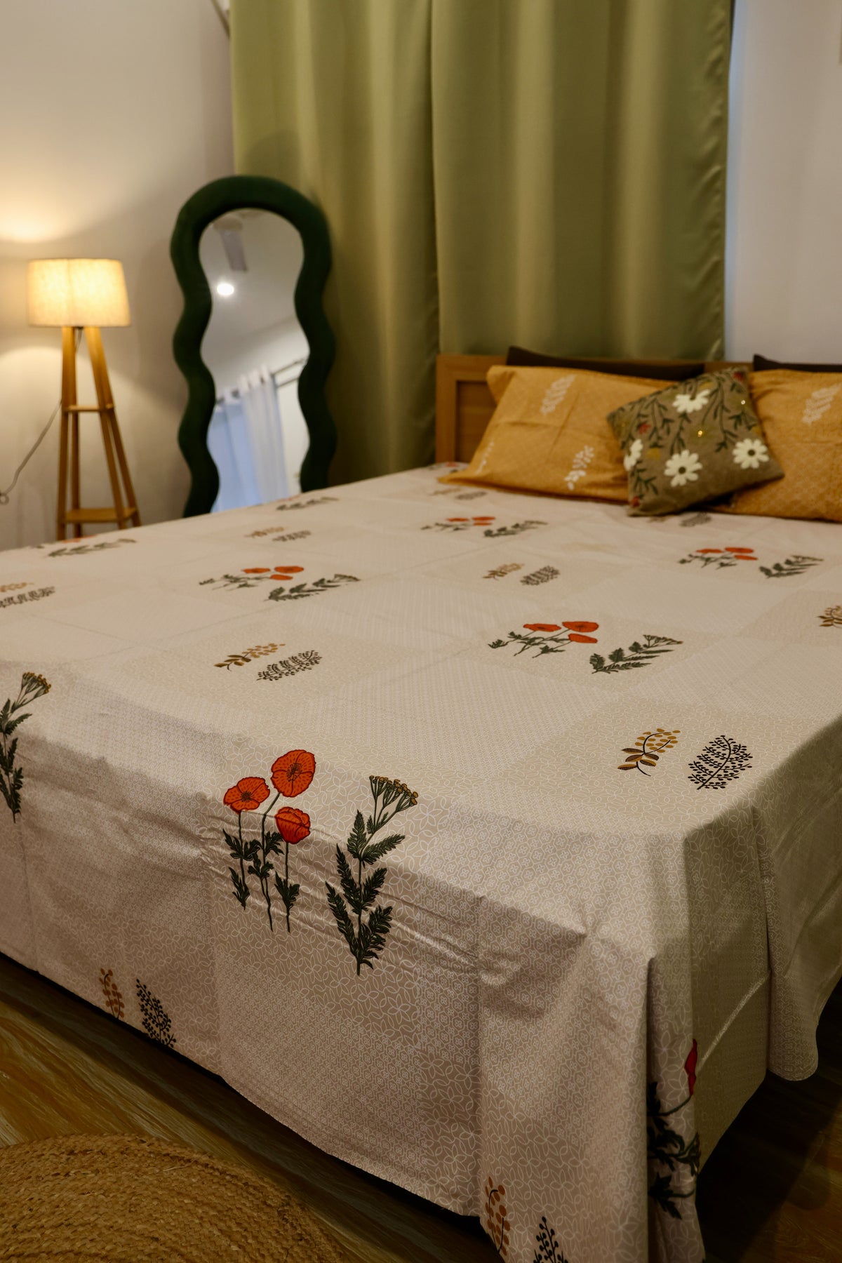Botanical Poppy Sanganeri Print Cotton Bedsheet Red & Green Floral King Size