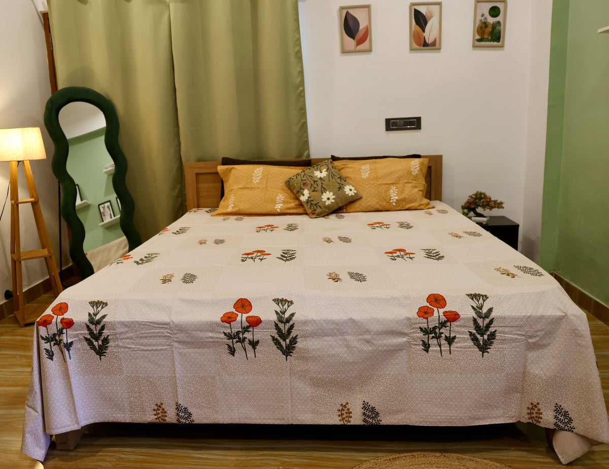 Botanical Poppy Sanganeri Print Cotton Bedsheet Red & Green Floral King Size