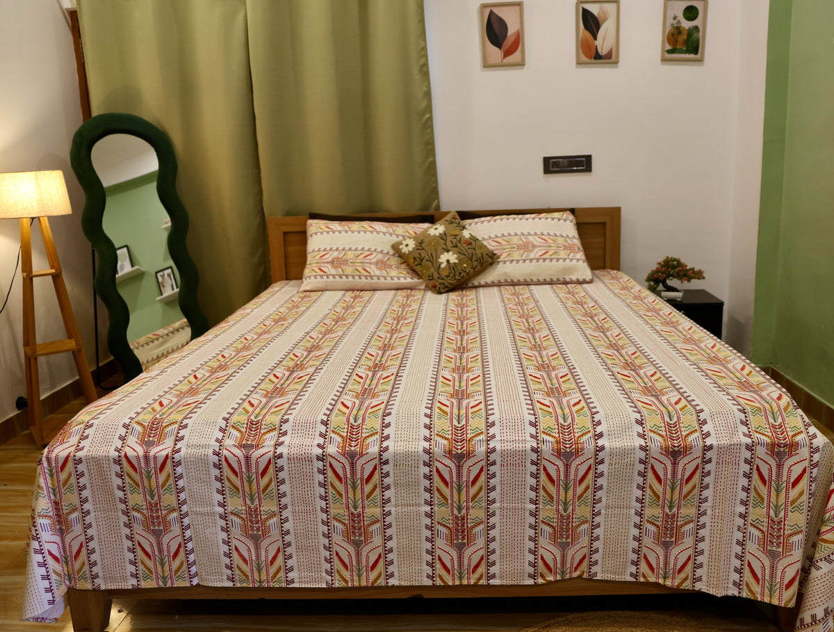 Sanganeri Block Print Cotton Bedsheet - Ivory Floral Vase