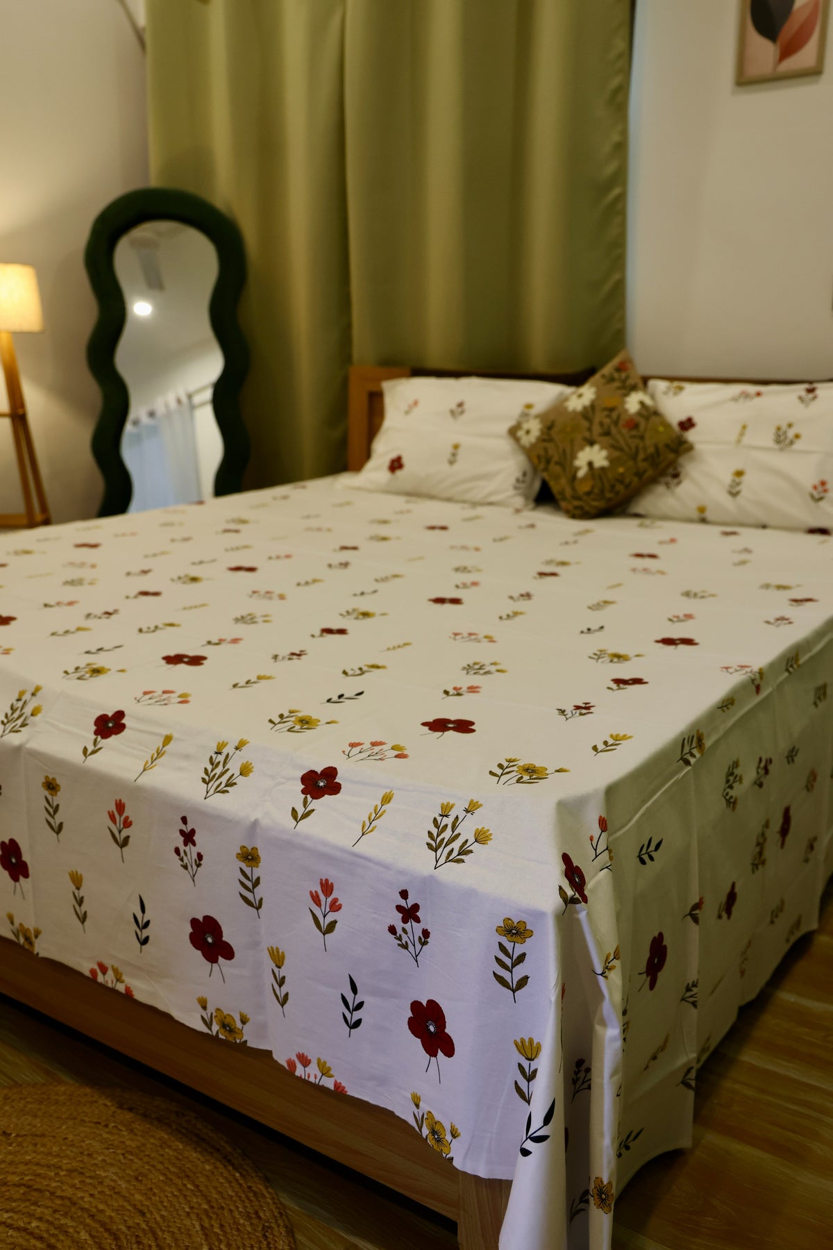 Ditsy Wildflower Sanganeri Print Cotton Bedsheet Red & Yellow Minimalist King Size