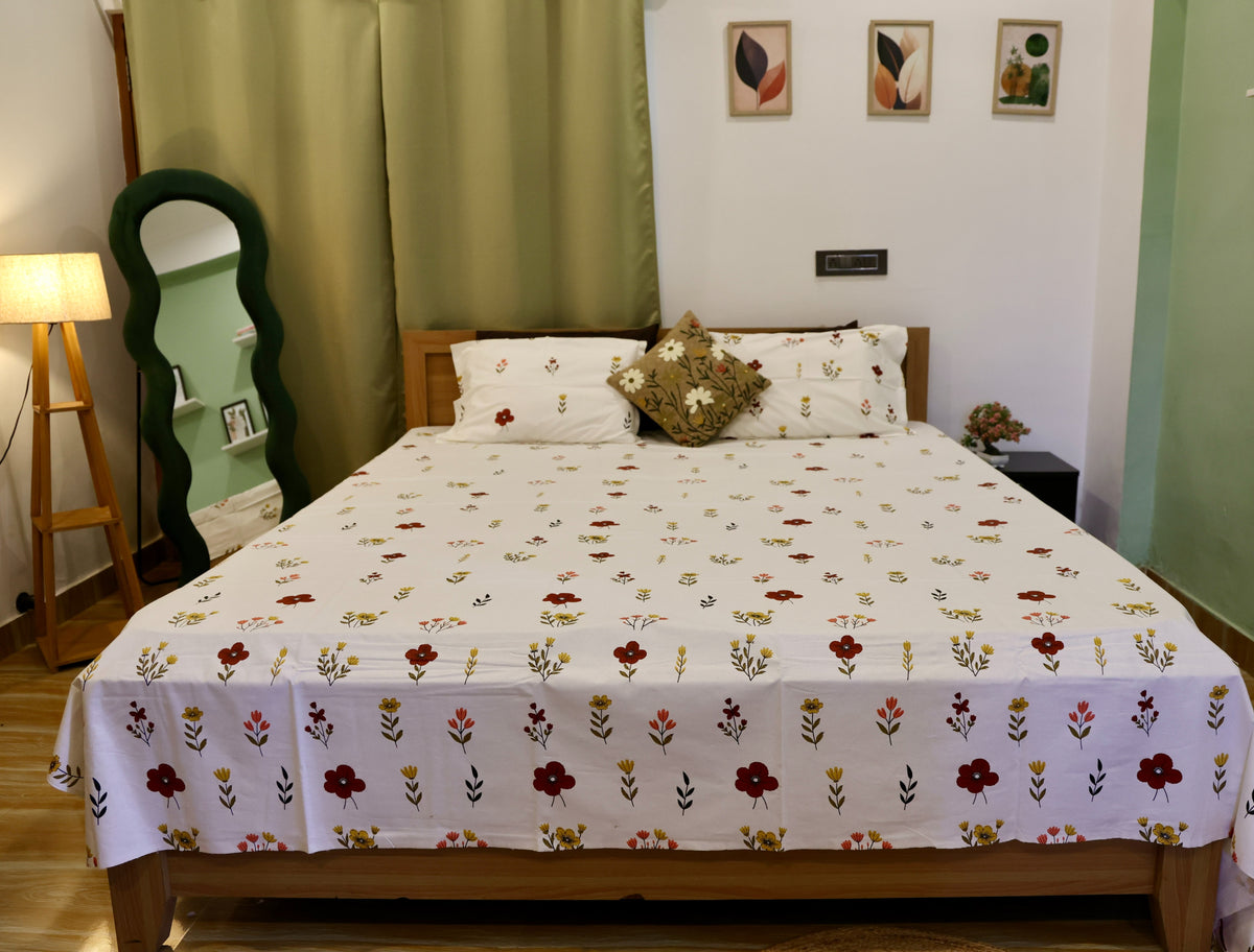 Ditsy Wildflower Sanganeri Print Cotton Bedsheet Red & Yellow Minimalist King Size