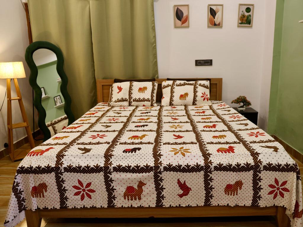 Folk Animal Patchwork Sanganeri Print Cotton Bedsheet Brown & Earthy Red King Size