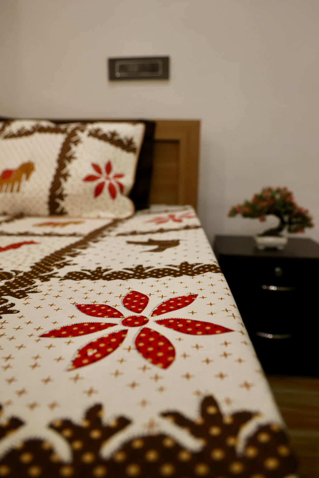 Folk Animal Patchwork Sanganeri Print Cotton Bedsheet Brown & Earthy Red King Size