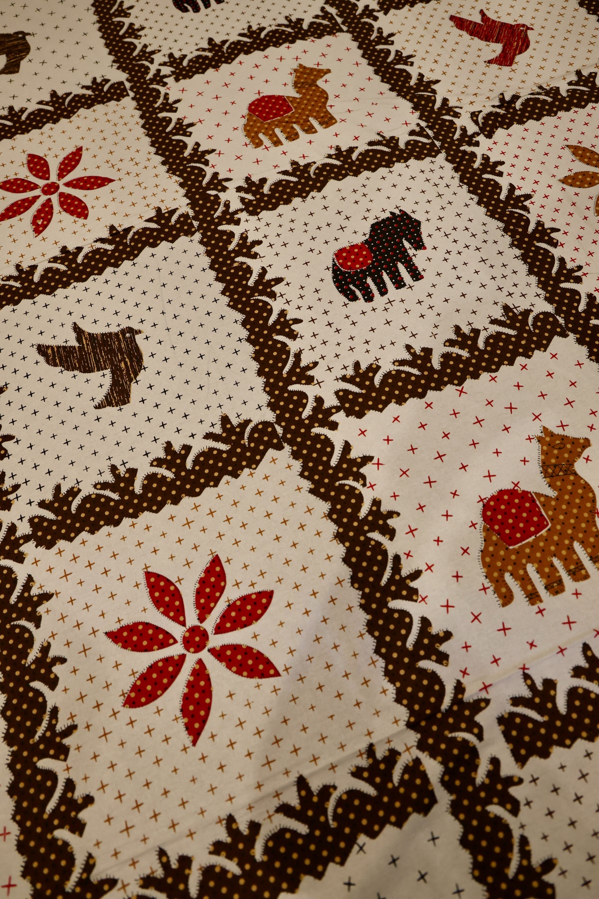 Folk Animal Patchwork Sanganeri Print Cotton Bedsheet Brown & Earthy Red King Size