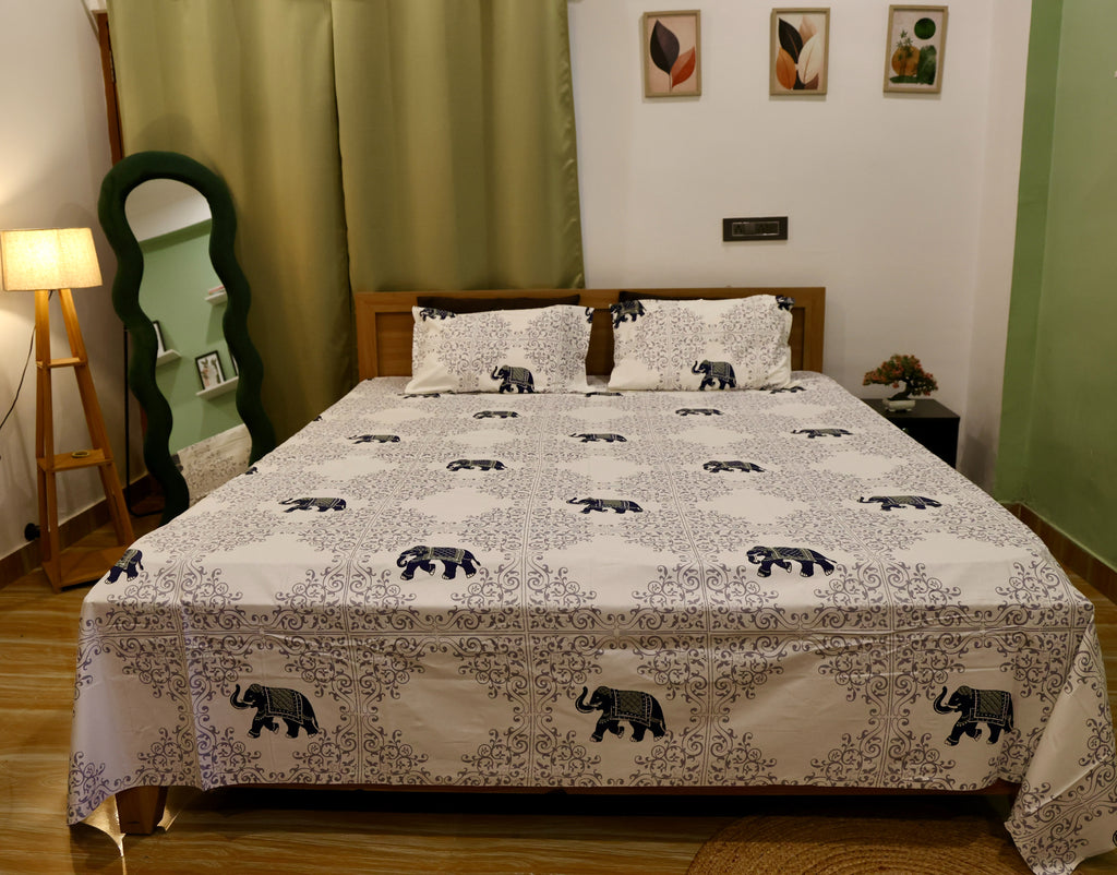 Botanical Marigold Sanganeri Print Cotton Bedsheet Yellow & Green Floral King Size