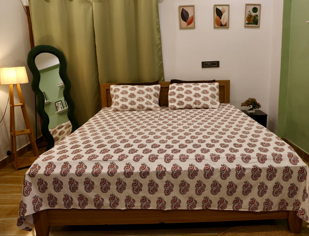 Royal Elephant Sanganeri Print Cotton Bedsheet Navy & Grey Medallion King Size