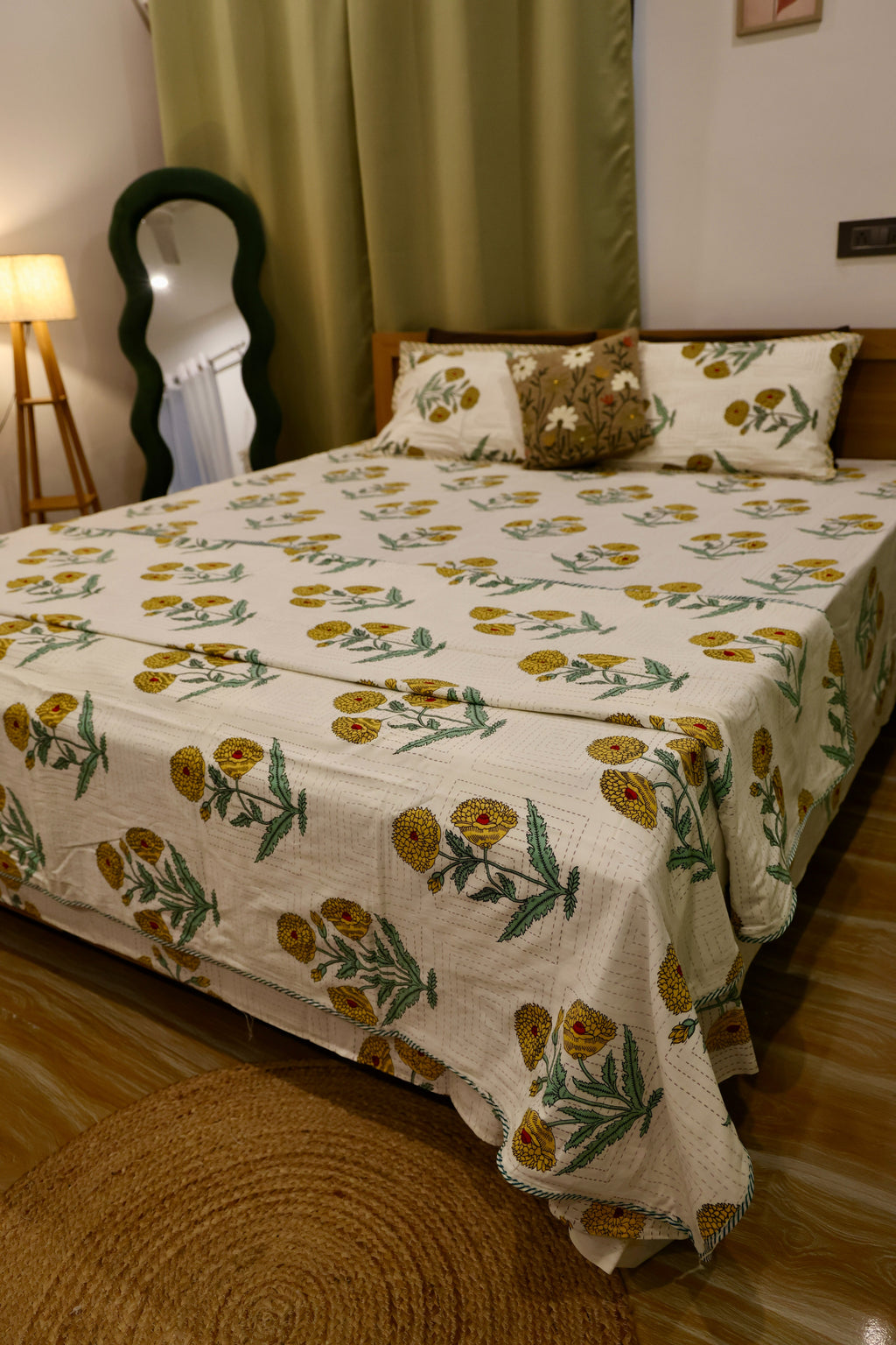 Floral Tree of Life Sanganeri Print Cotton Bedsheet Pink & Green King Size
