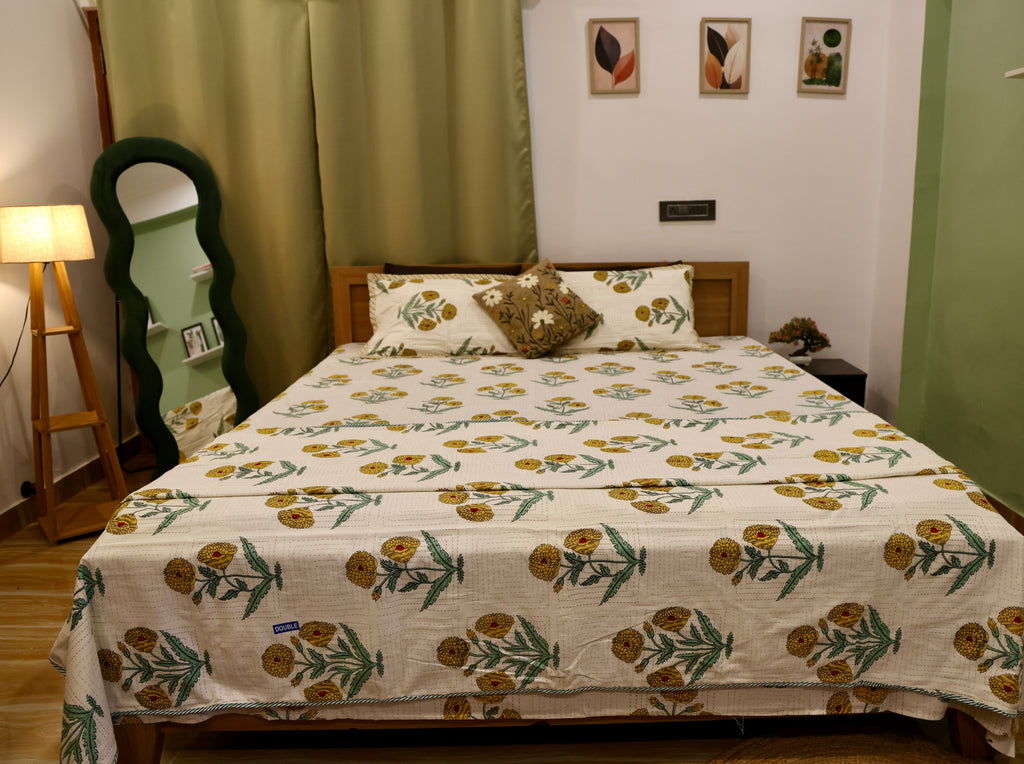 Floral Tree of Life Sanganeri Print Cotton Bedsheet Pink & Green King Size