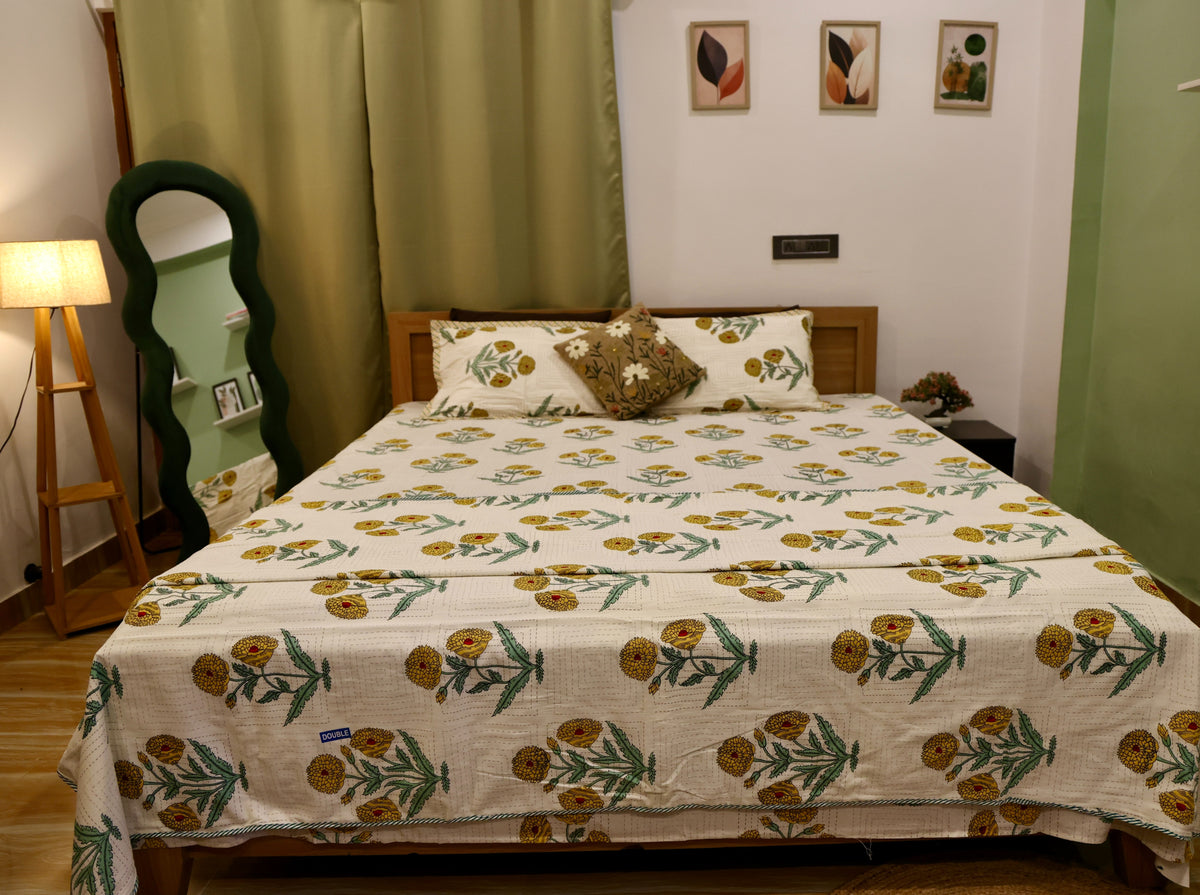 Floral Tree of Life Sanganeri Print Cotton Bedsheet Pink & Green King Size