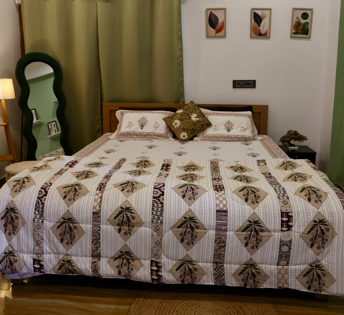 Floral Urn Sanganeri Print Cotton Bedsheet Grey & Brick Red King Size