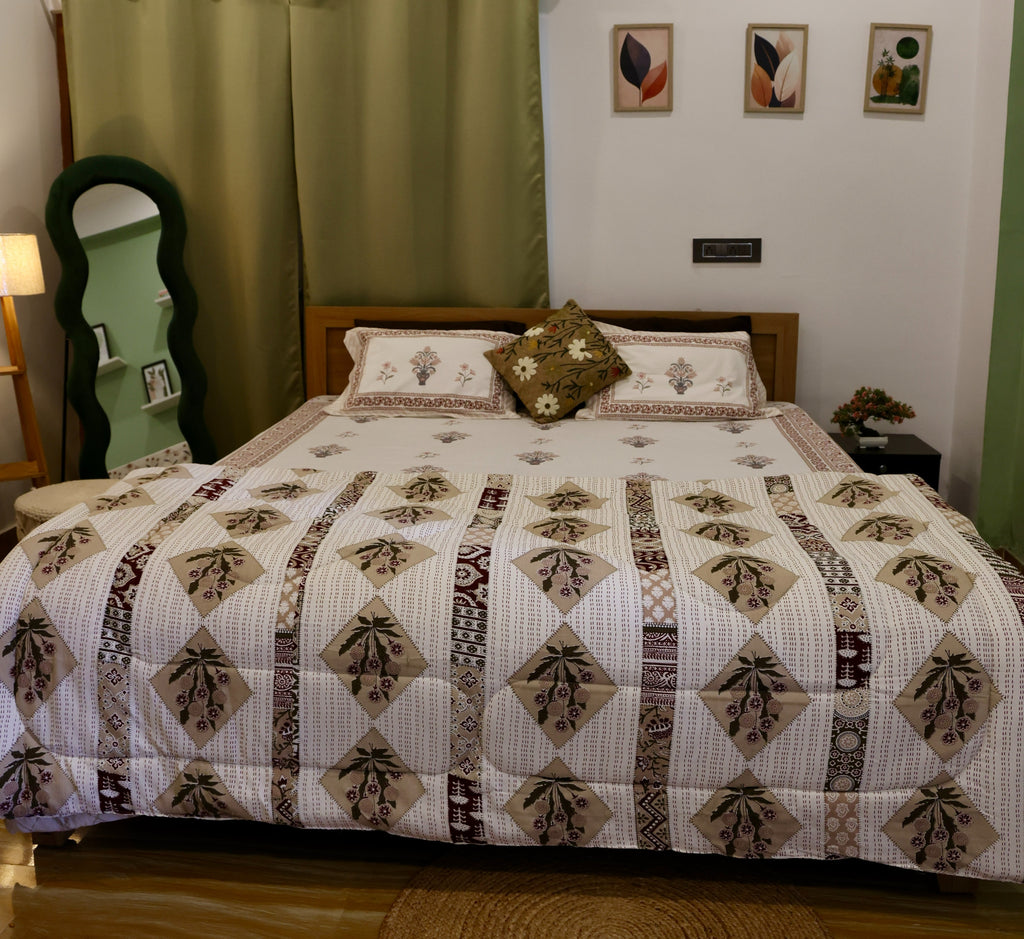 Floral Diamond Patchwork Sanganeri Print Cotton Comforter Beige & Burgundy King Size