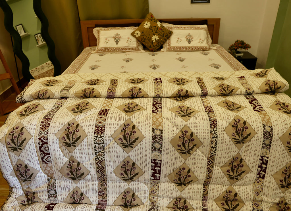 Floral Diamond Patchwork Sanganeri Print Cotton Comforter Beige & Burgundy King Size