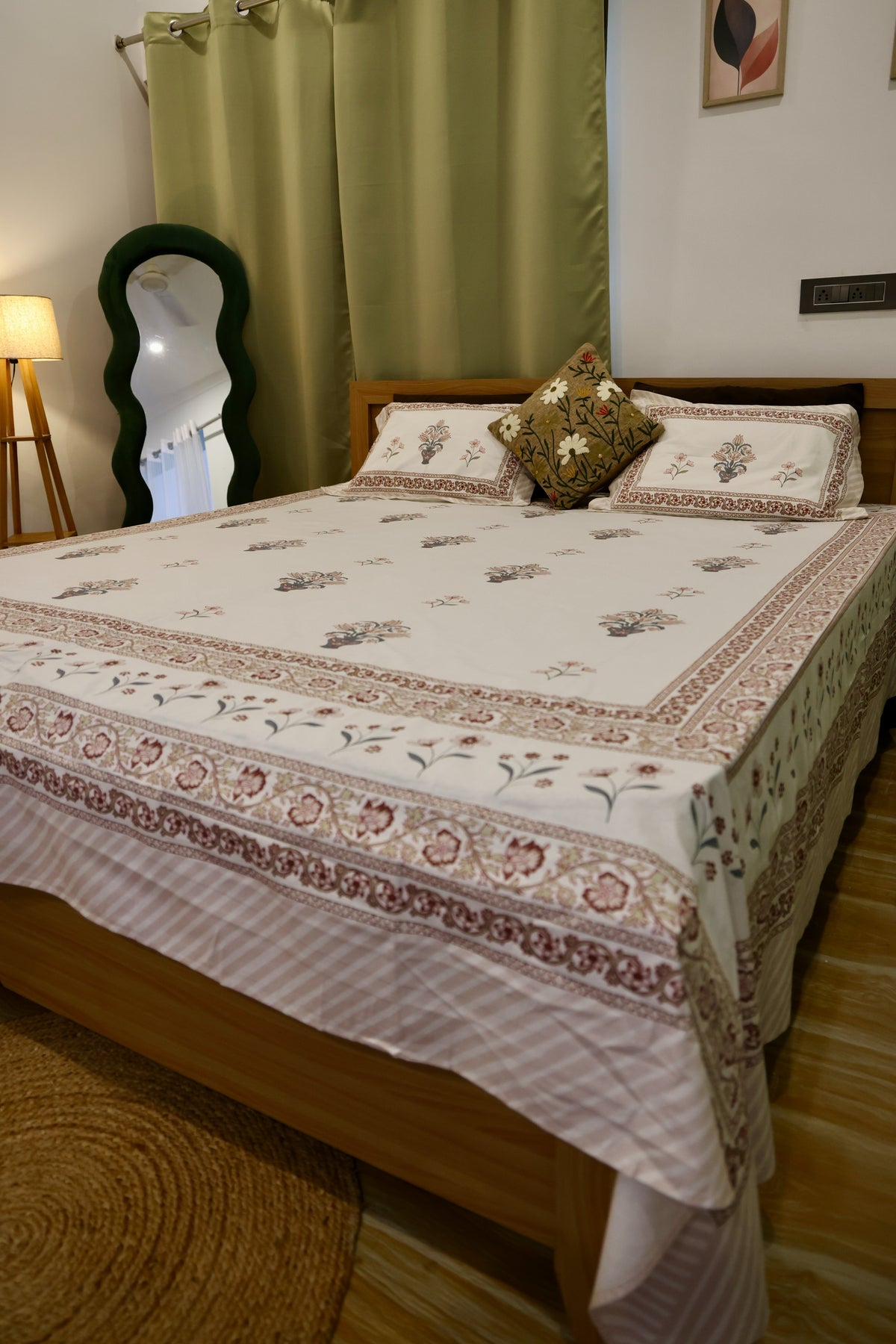 Floral Urn Sanganeri Print Cotton Bedsheet Grey & Brick Red King Size